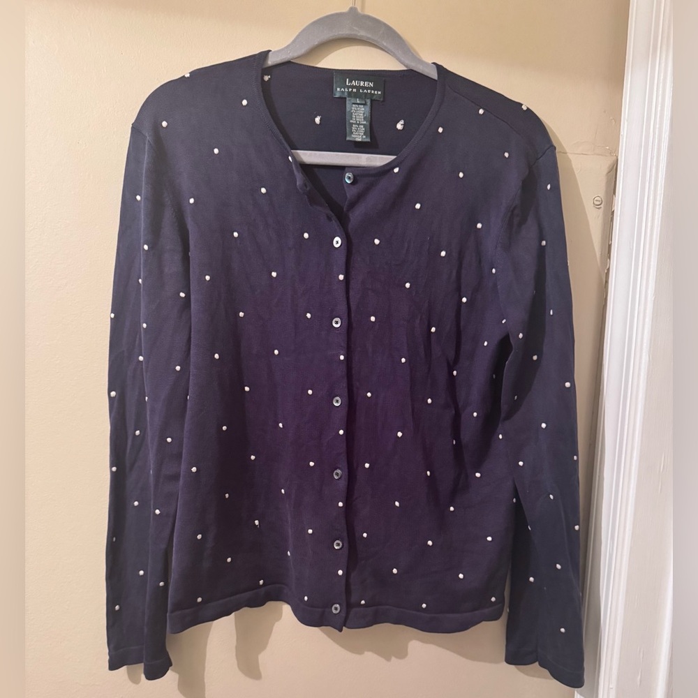Lauren Ralph Lauren Dark Blue Silk Blend Cardigan with White Accents